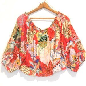 Rachel Zoe Cropped Top Off Shoulder Floral Topical Ruffle Resort Wear SZ Large